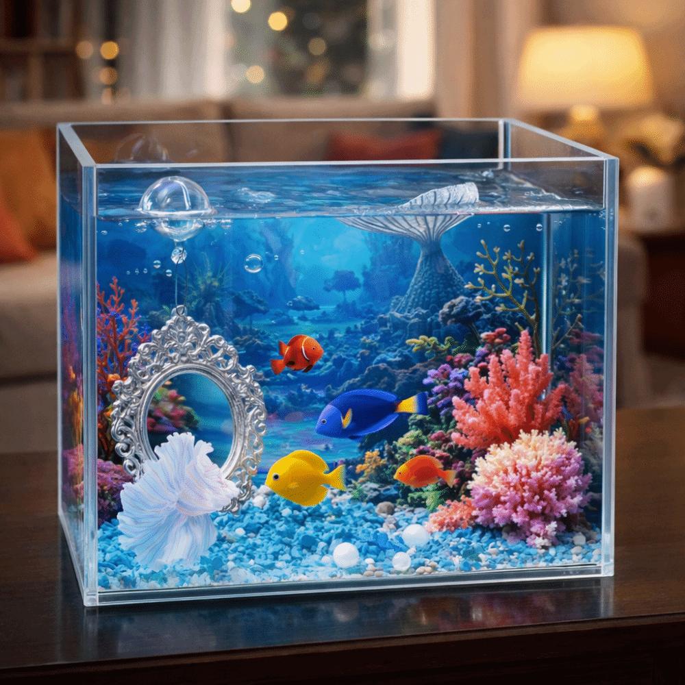 Retro Style Betta Fish Training Mirror Mini Engraving Aquarium Betta Mirror Decorative Fish Teaser Toy Betta Fish Training