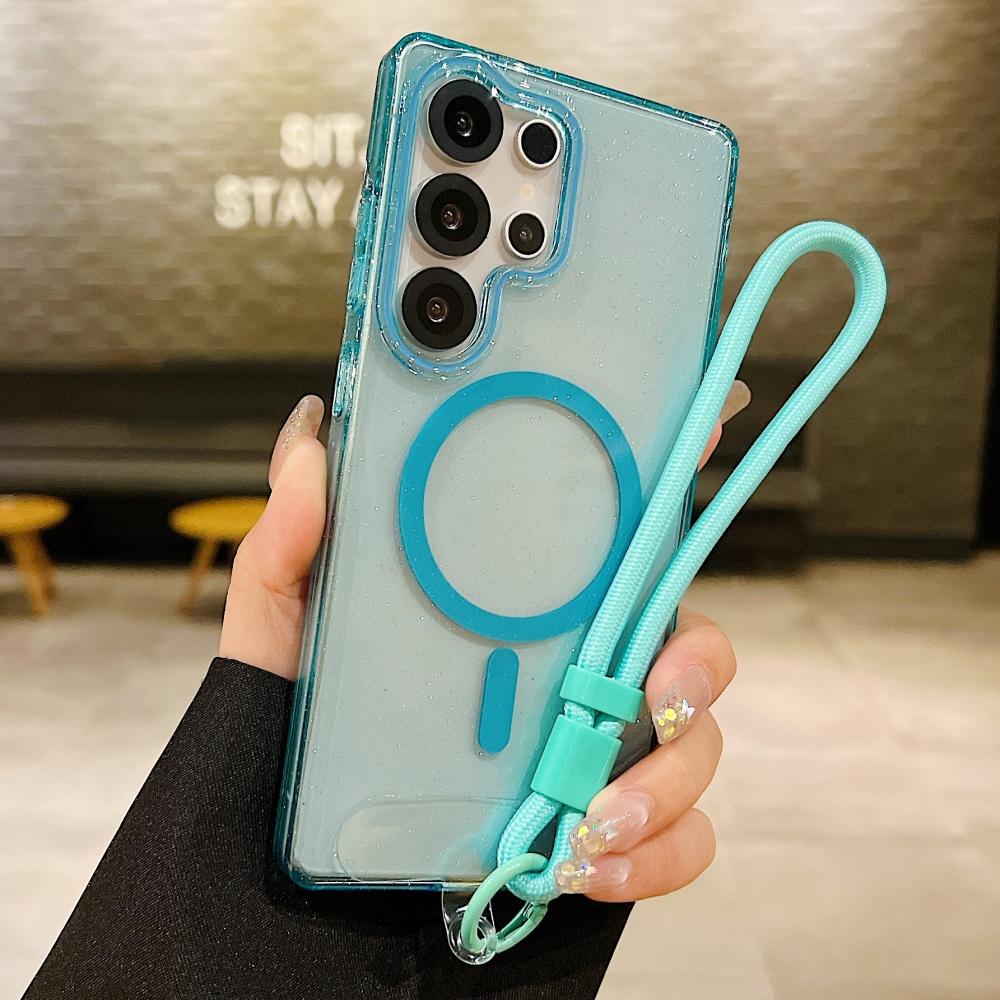 

Magnetic Wireless Charging Transparent Glitter Case For Samsung S25 Ultra S24 Plus Anti-loss Portable Wrist Strap Lanyard Cover Case & Strap&Galaxy S25