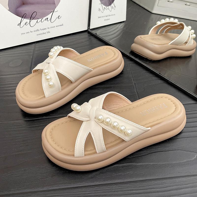 Muffin thick-soled cool slippers women's summer new fashion outer wear sandals pearl cross with beach slippers