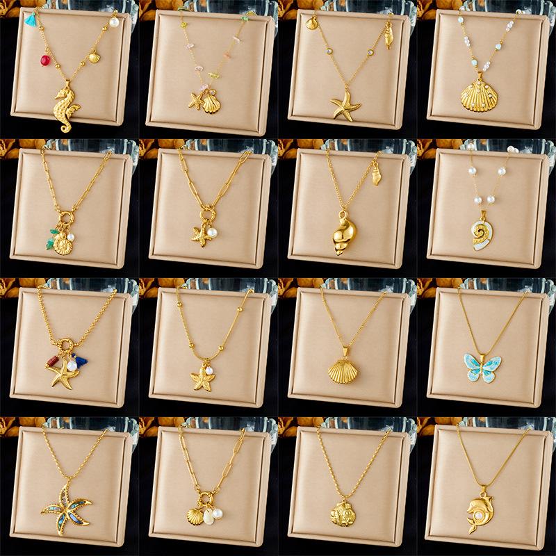 Fashion Ocean Pendant Necklace Gold Starfish Shell Drop Oil Butterfly Multi Element Accessory