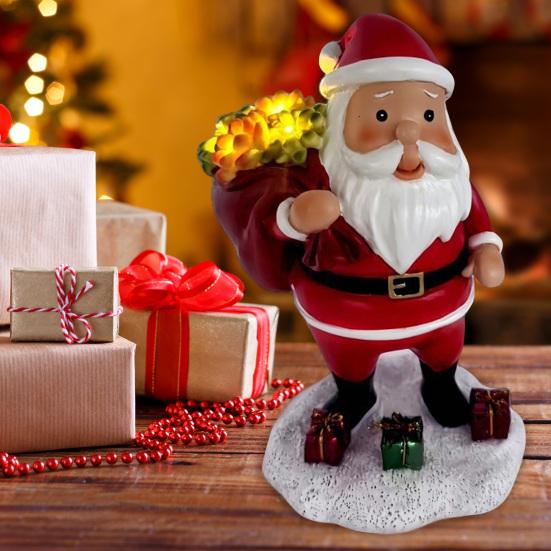 Yousheng Lighted Santa Claus Figurines Resin Santa Sculpture with Gift Bag on Back Solar Powered Light Up Christmas Statue for Indoor Outdoor Holiday