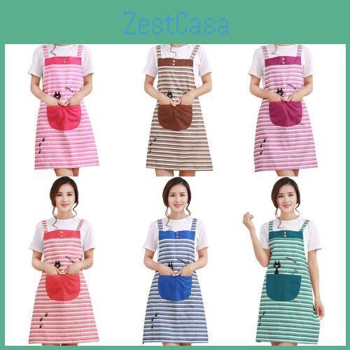 Cute New Home Womens Kitchen Restaurant Bib Cooking Aprons Pockets Striped Apron