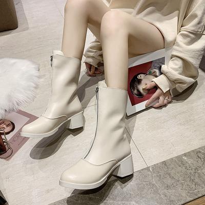 Mode Elegant Damenstiefel mit Absatz High Heels Schuhe für Frau Halb Leder Mittlere Wade Weiß Frühling 2024 Pu Hohe Qualität Angebot