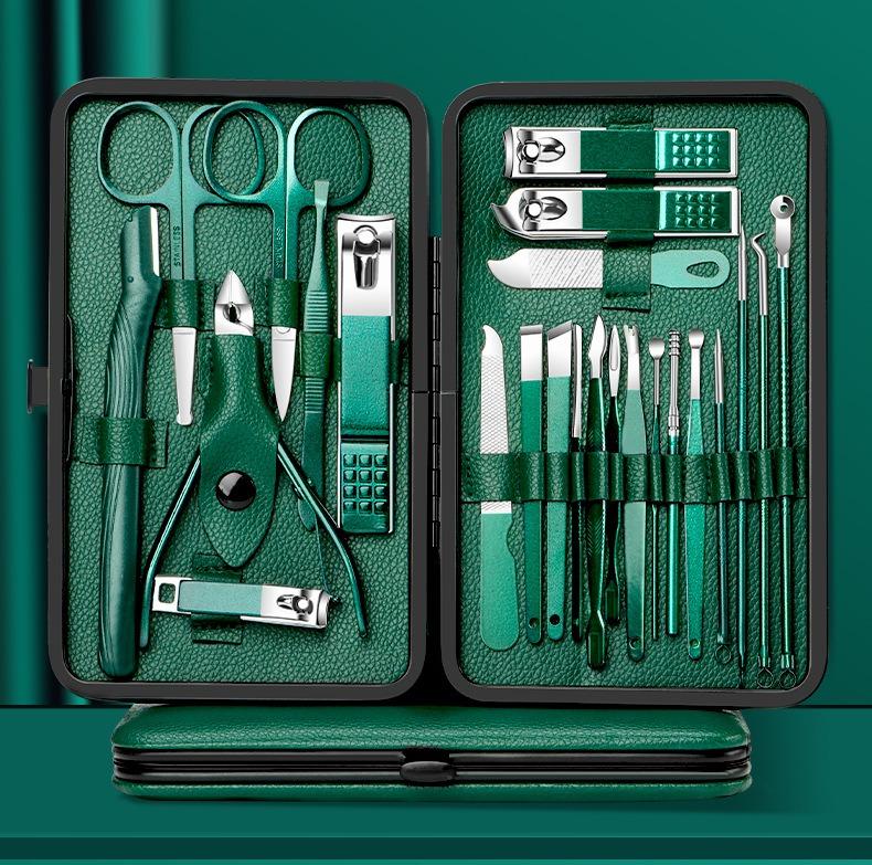 24-Piece Nail Clippers Set Dark-Green Manicure Dead Skin Scissors Nail Tool Set