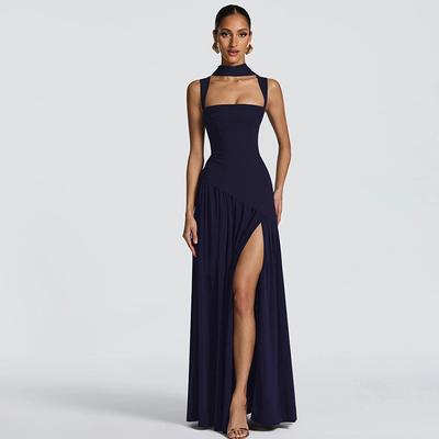Women Navy Blue Halter Neck Sleeveless Bodycon Maxi Dress with High Slit