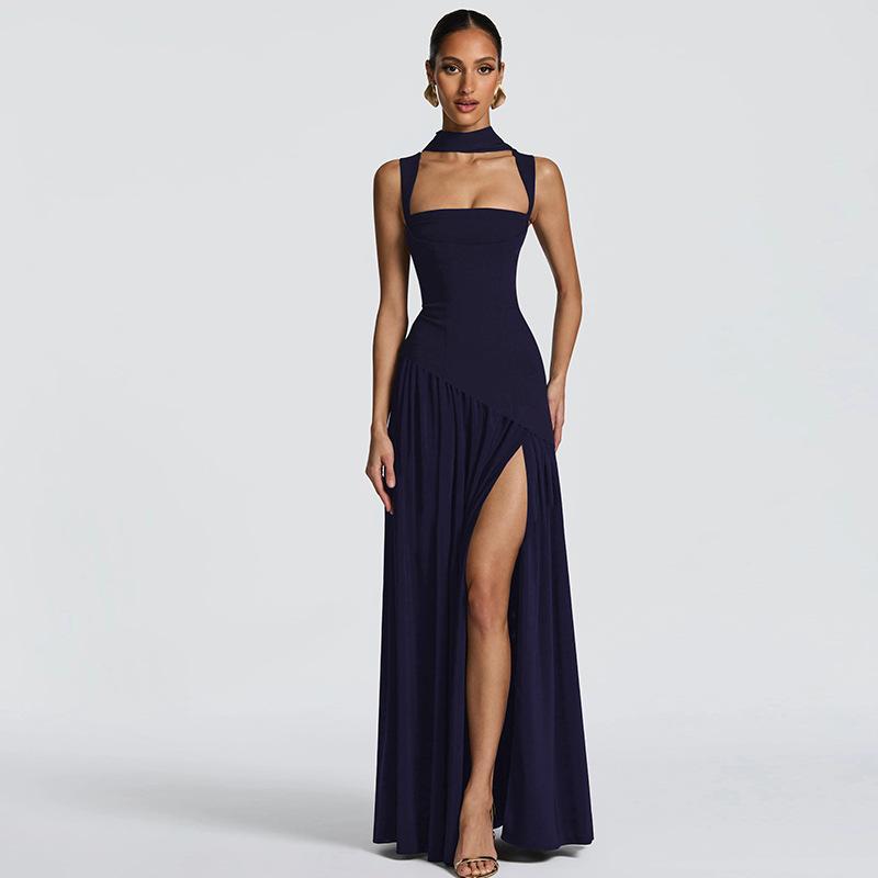 Women Navy Blue Halter Neck Sleeveless Bodycon Maxi Dress with High Slit