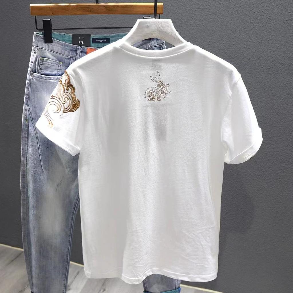 Fashionable Young Handsome High-end Embroidered Short-sleeved T-shirt Round Neck Casual Top
