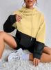 Women Color Block Hoodie Drawstring Cowl Neck Long Sleeve Sweatshirt With Kangaroo Pocket Loose Casual Pullover Top