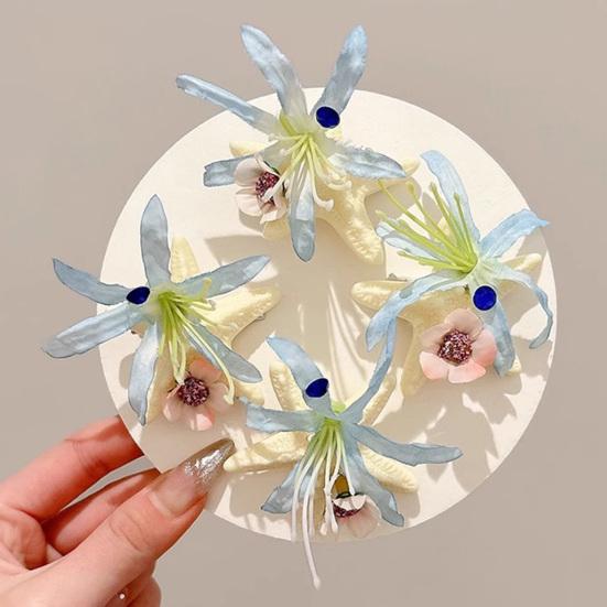 Hair Clip Blue Flowers Starfish Decoration Hair Pin Beach-themed Hair Barrette Tropical Hair Accessory Daily Wear