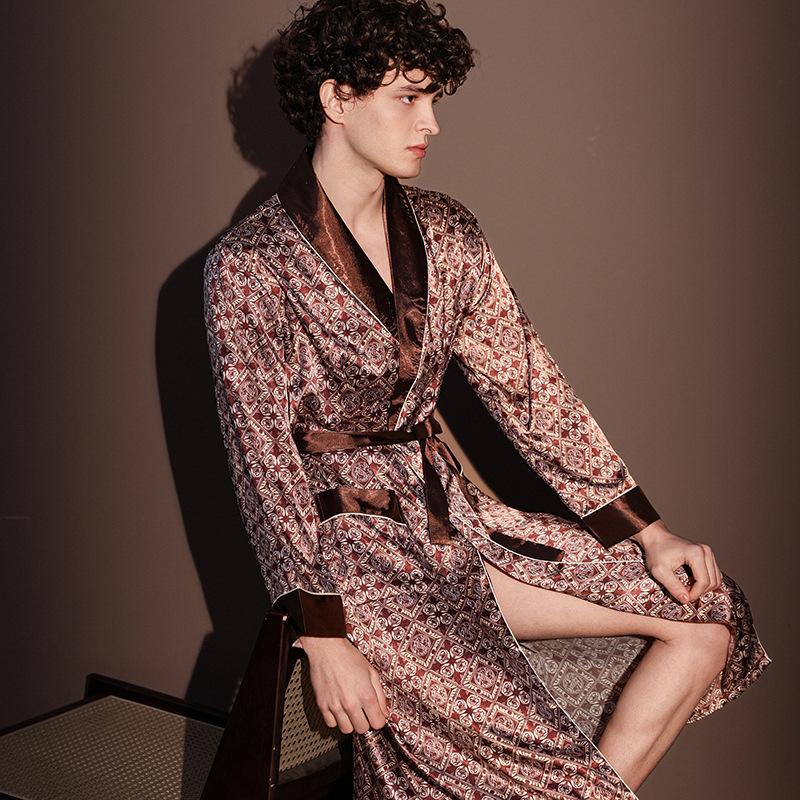Robe da Notte Uomo di Alta Qualità Estive Sottili Accappatoio Taglia Grande Pigiama Stampato in Seta Ghiacciata Vestaglia Intera Abbigliamento da Casa Maschile Primavera