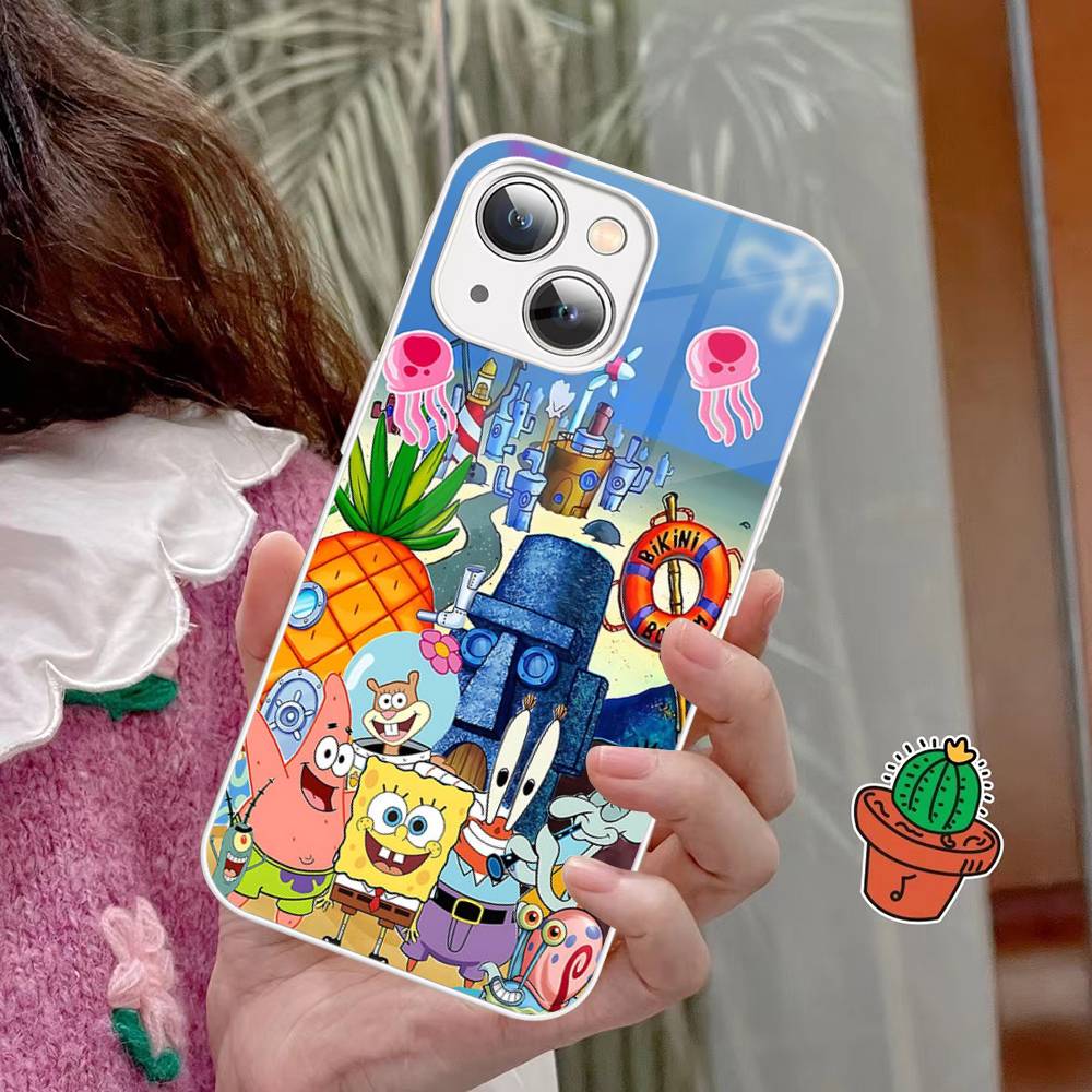 Cartoon Niedlich S-SpongeBob Anime Gehärtetes Glas Für Iphone 14 13 12 11 Pro Mini XS MAX 14Plus X XS XR Hüllen