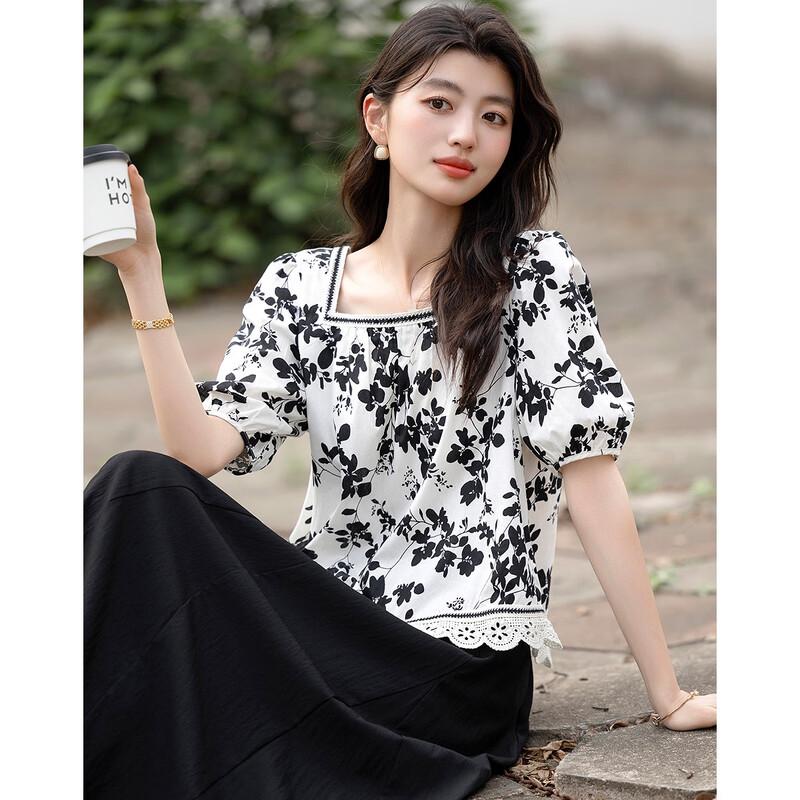 Demana Women s Retro Floral Puff Sleeve Blouse M