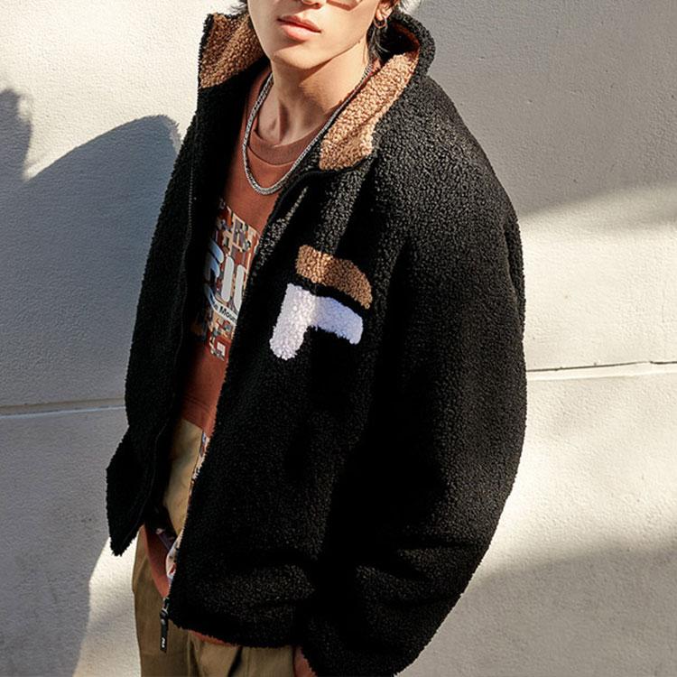 FILA Logo Casual Sports Warm Stand Collar Faux Lamb Wool Jacket Men Jacket Black F11M149505FBK
