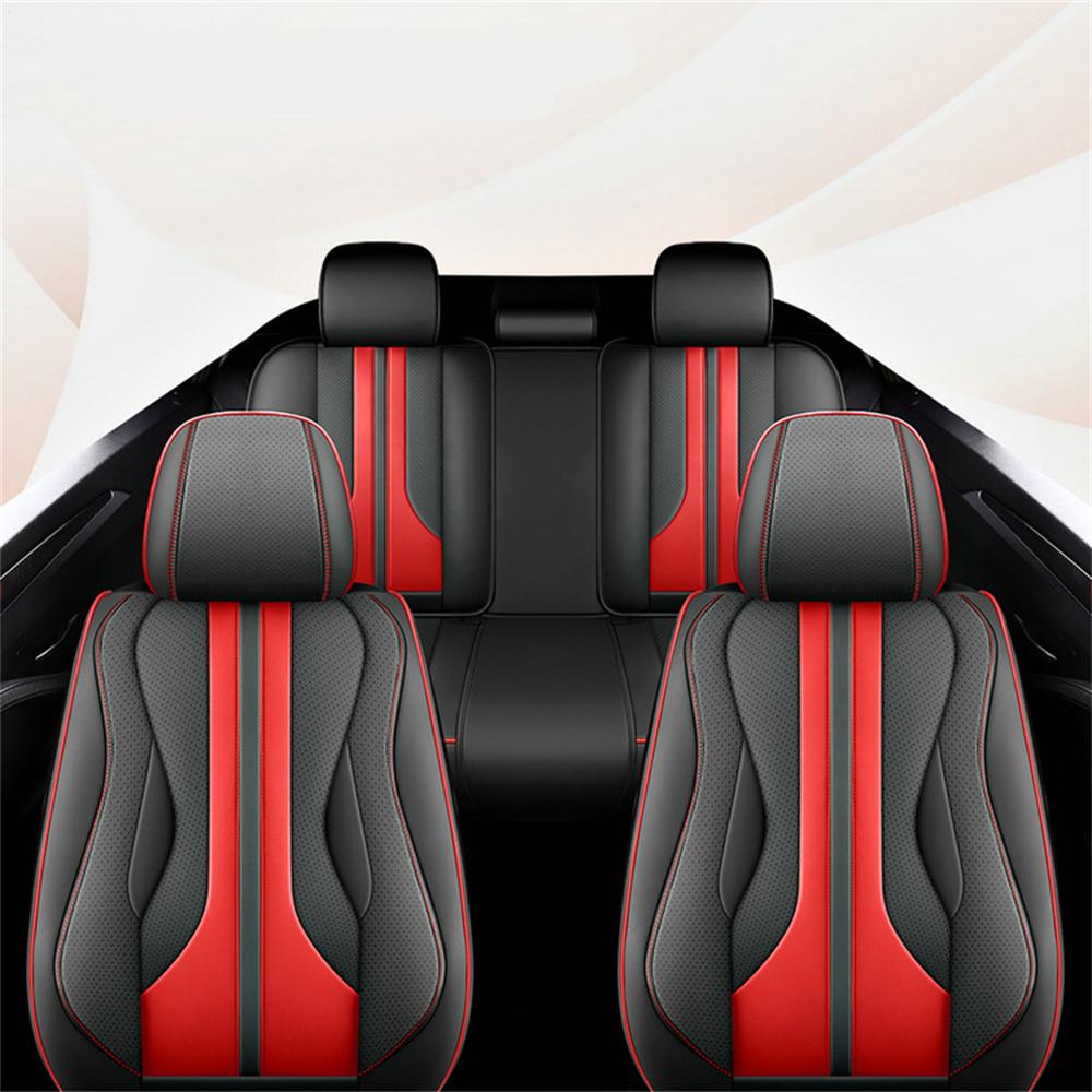 Black+red Perforated PU Leather FULL SET 5-Seats Car Seat Covers Cushion Front & Rear