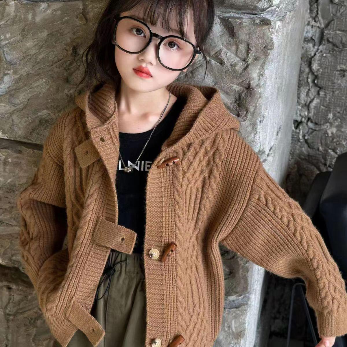 

2025 Trendy Kids Retro Knit Hooded Cardigan with Toggle Buttons for Spring & Autumn 90