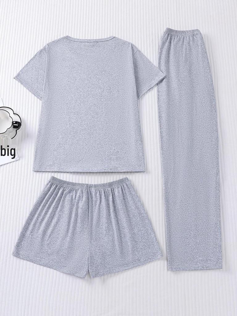 Kälberdruck 3-teiliges Set: Kurzarm-Oberteil, Shorts & Hosen - Niedliche und bequeme Homewear