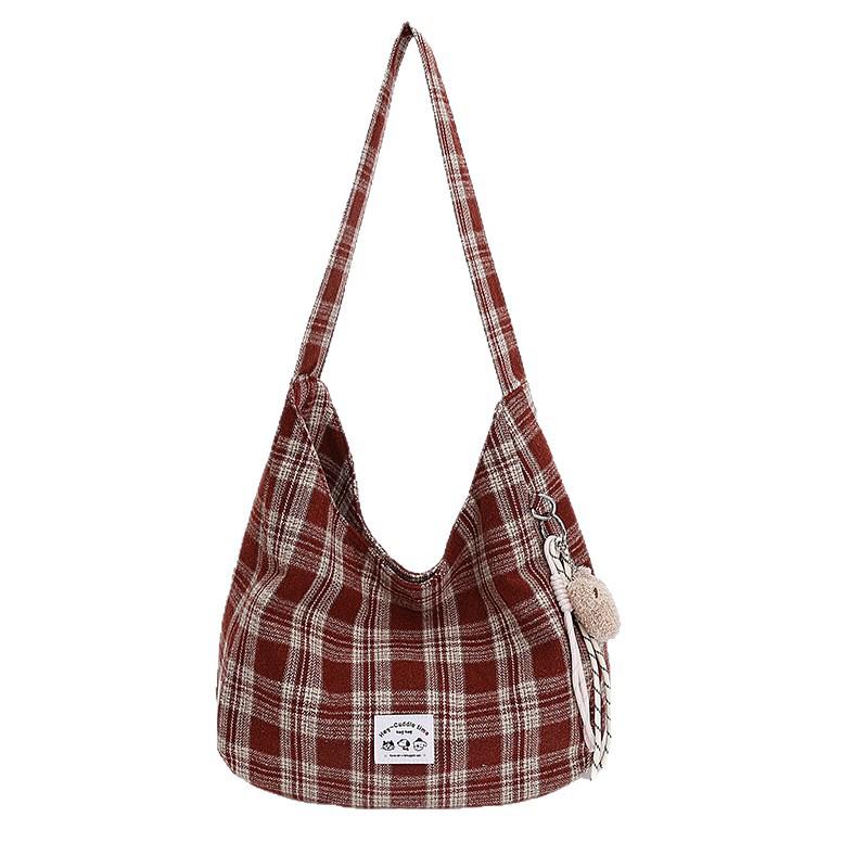 Japanese Retro Plaid Literary Tote: Versatile, Simple, Large-Capacity Shoulder Bag for Women