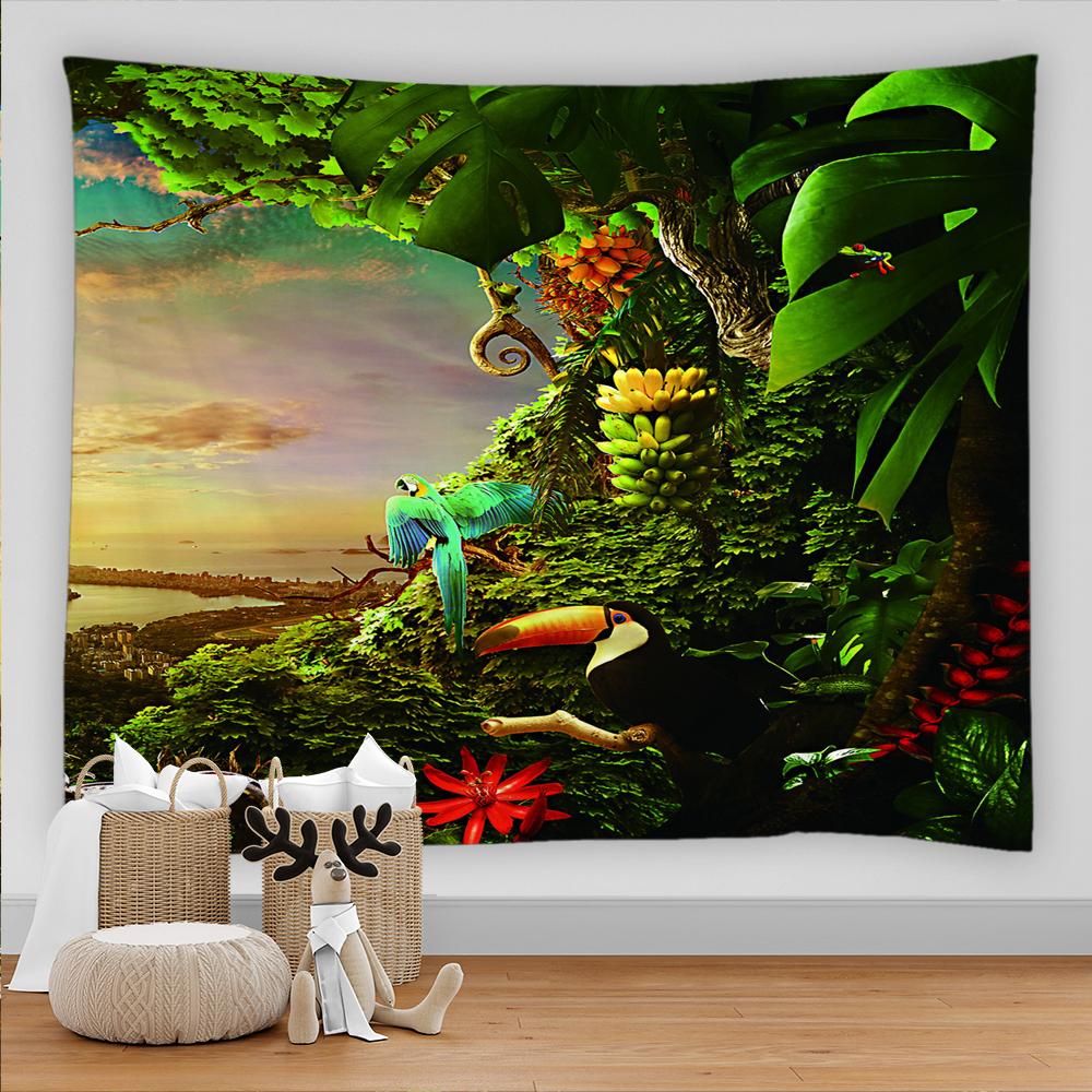 Psychedelic Forest Tapestry Wall Hanging Tropical Leaves Animal Pattern Beach Wall Tapestry Scenery Background Wall Cloth Carpet