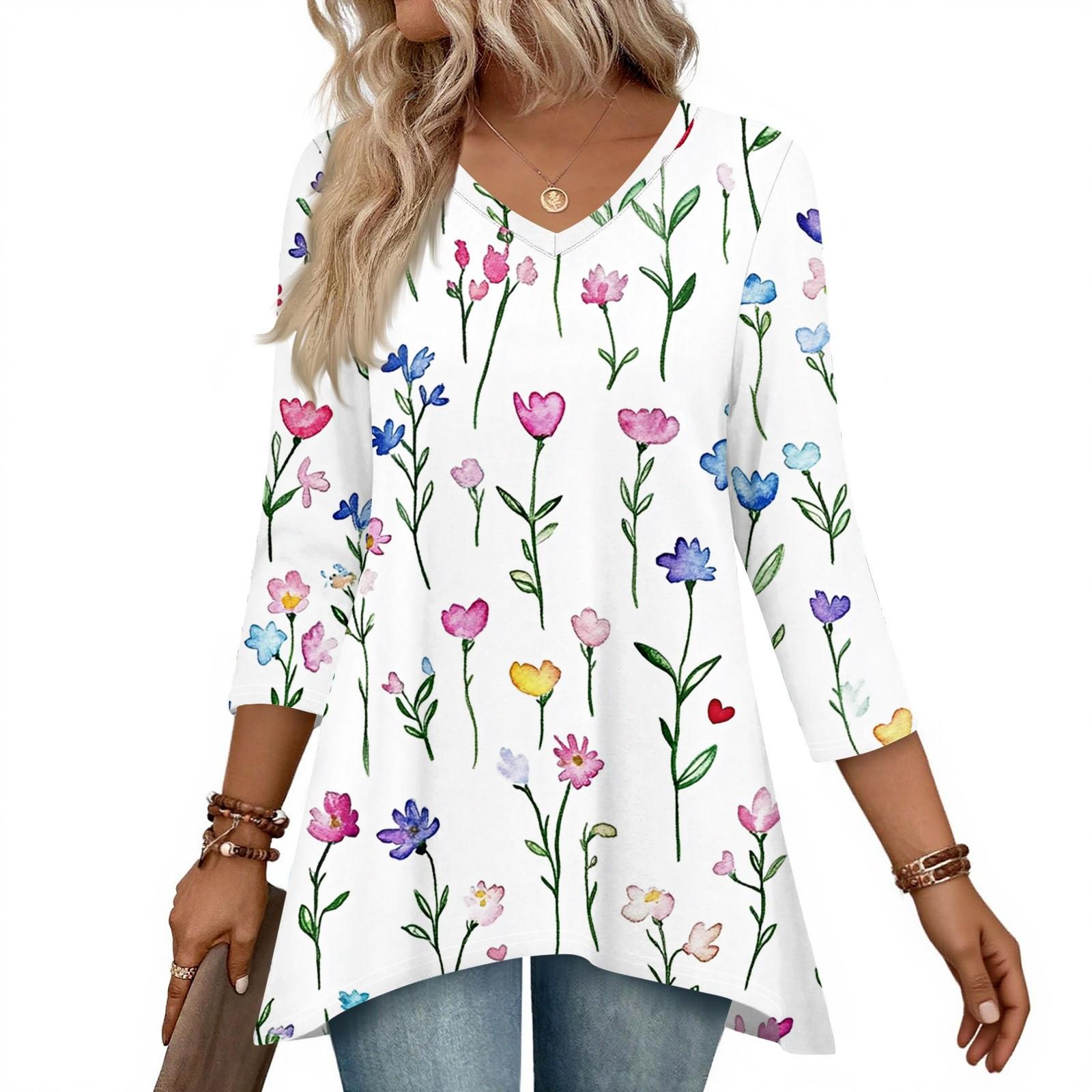 

Женские топы с V-образным вырезом и рукавом 3/4, повседневные блузки средней длины, модные туники с принтом XXL