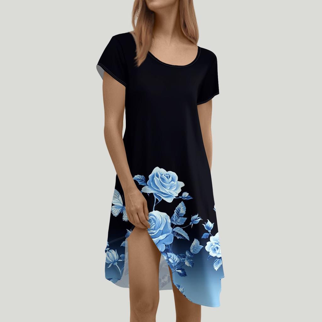 Short Sleeve Boho Dress For Women Casual Loose Fit Summer Sundress Floral Print Dress With Pockets