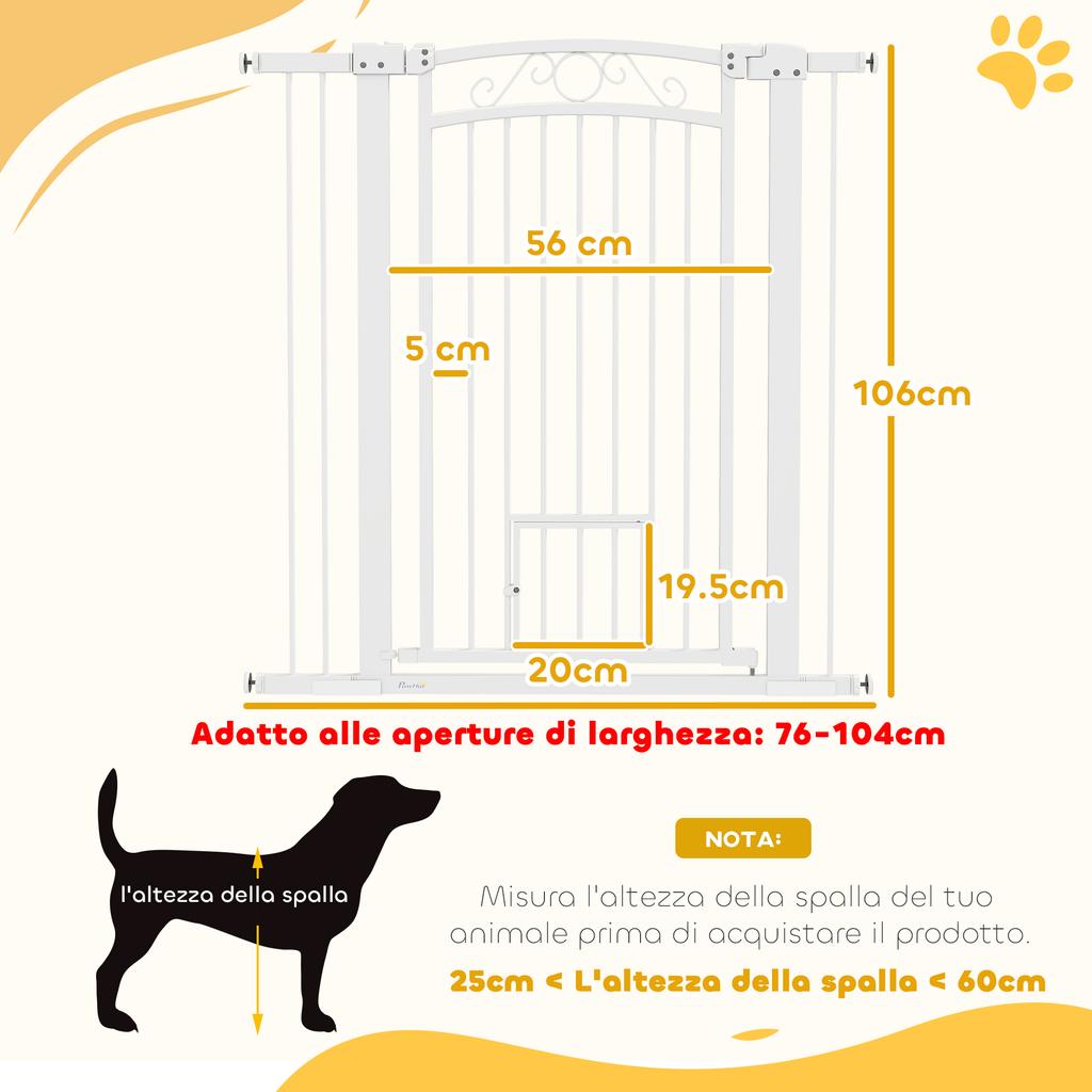 Adjustable Dog Gate with Extensions and Cat Door, 76-104x106cm, White