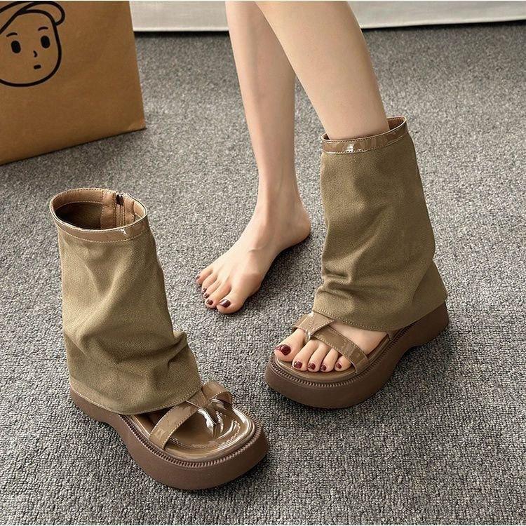 Niche thick-soled heightening niche Roman shoes 2025 summer new sandals women's toes retro cool boots short boots pant boots