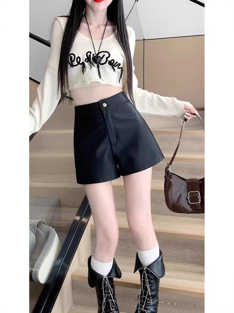 2023 Women's High Waist Slimming PU Leather Hot Pants - Sexy Black Petite Leggings