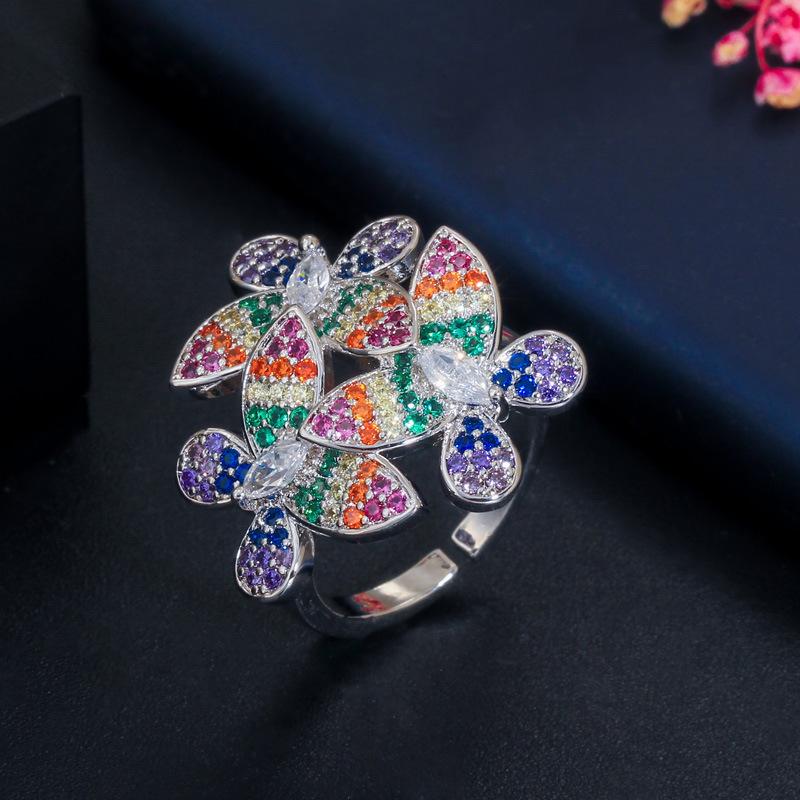 J0112 Popular Women'S Ring Elegant Temperament 3A Color Zircon Flower Ring Adjustable