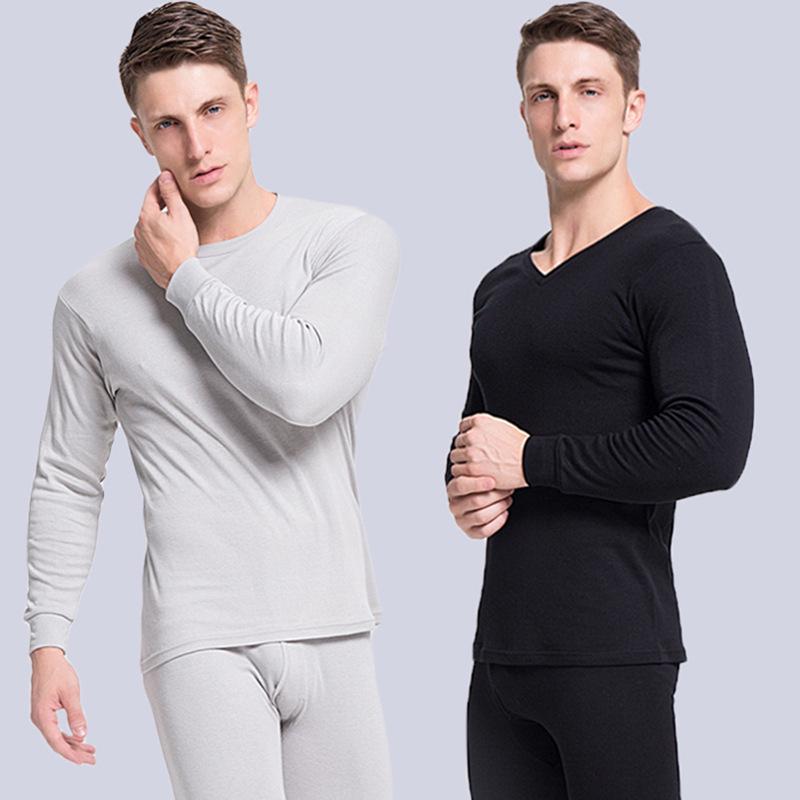Men's V-Neck Thermal Underwear Set - Pure Cotton Knitwear Base Layer, Autumn Top & Pants