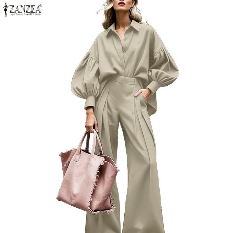 ZANZEA Women Elegant Long Sleeve Blouse and Trousers Casual Two Piece Suit Sets