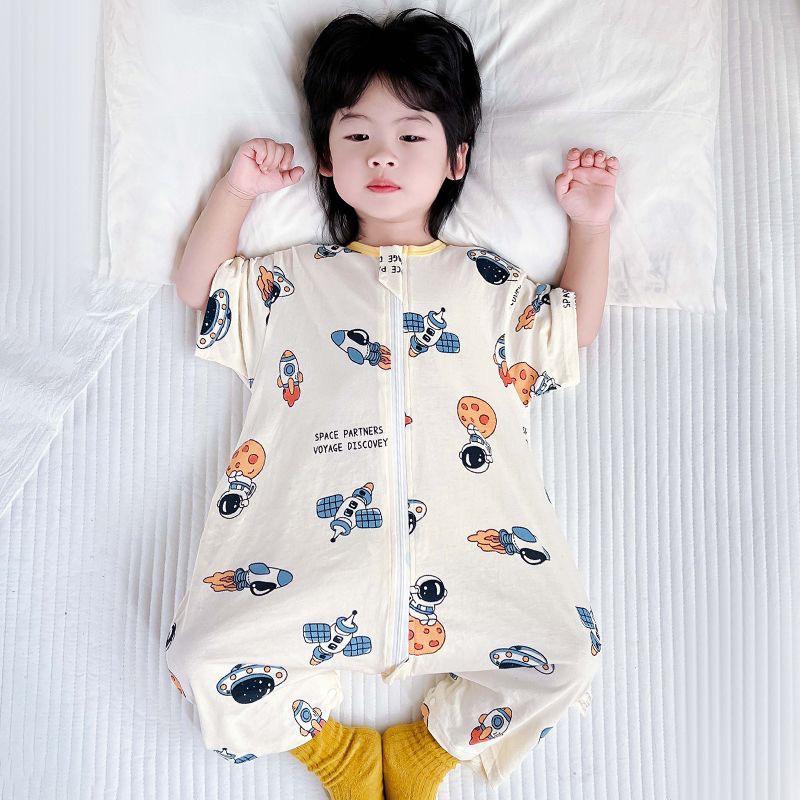 Breathable Baby Cotton Sleep Bag with Short Sleeves - Anti-kick One-piece Pajamas for Spring/Summer