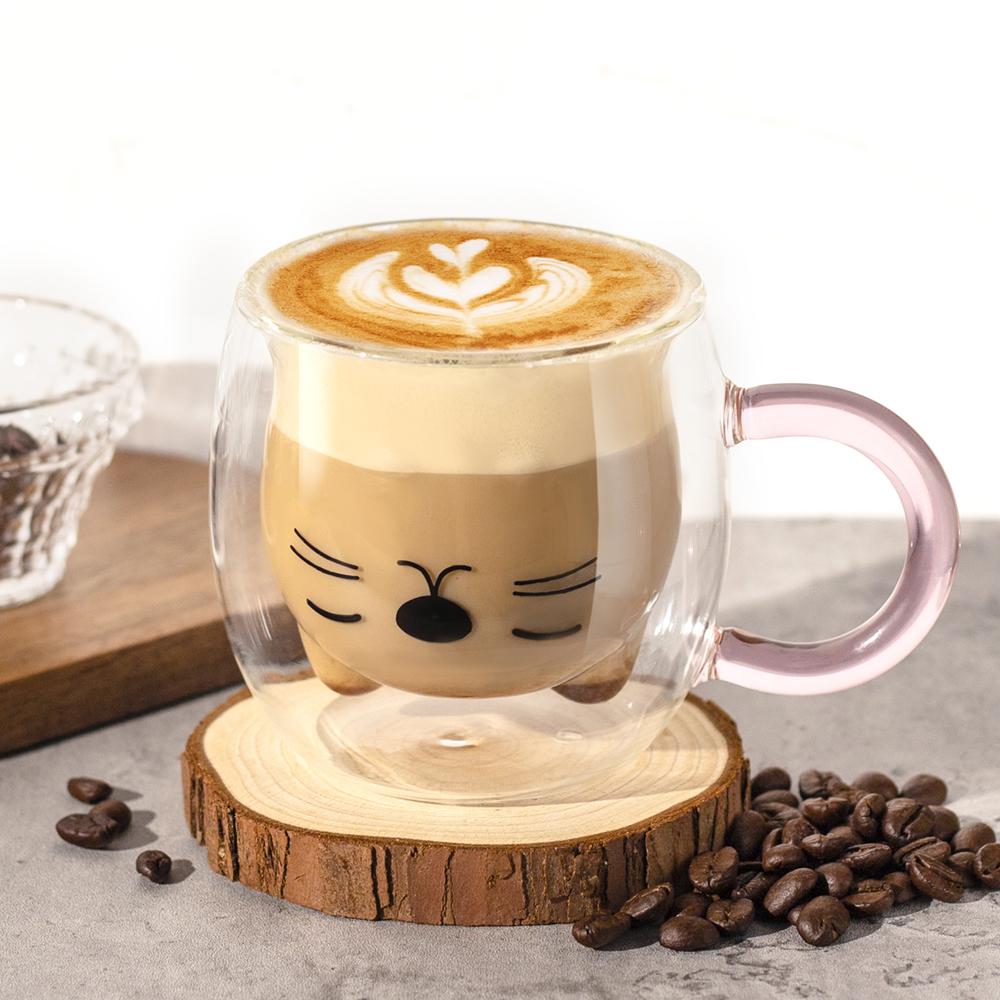 280ml Double Wall Coffee Mug Creative Pink Cat Cups Cute Glass Cup Water Milk Coffee Juice Drinks Household Cups