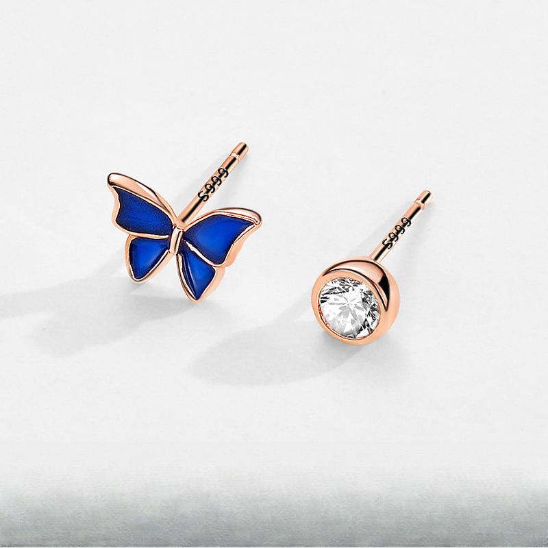 Yongcheng Blue Butterfly Small Fresh Earrings Asymmetrical Design, Feeling, Ear Piercing, Super Fairy Earrings for Best Friend