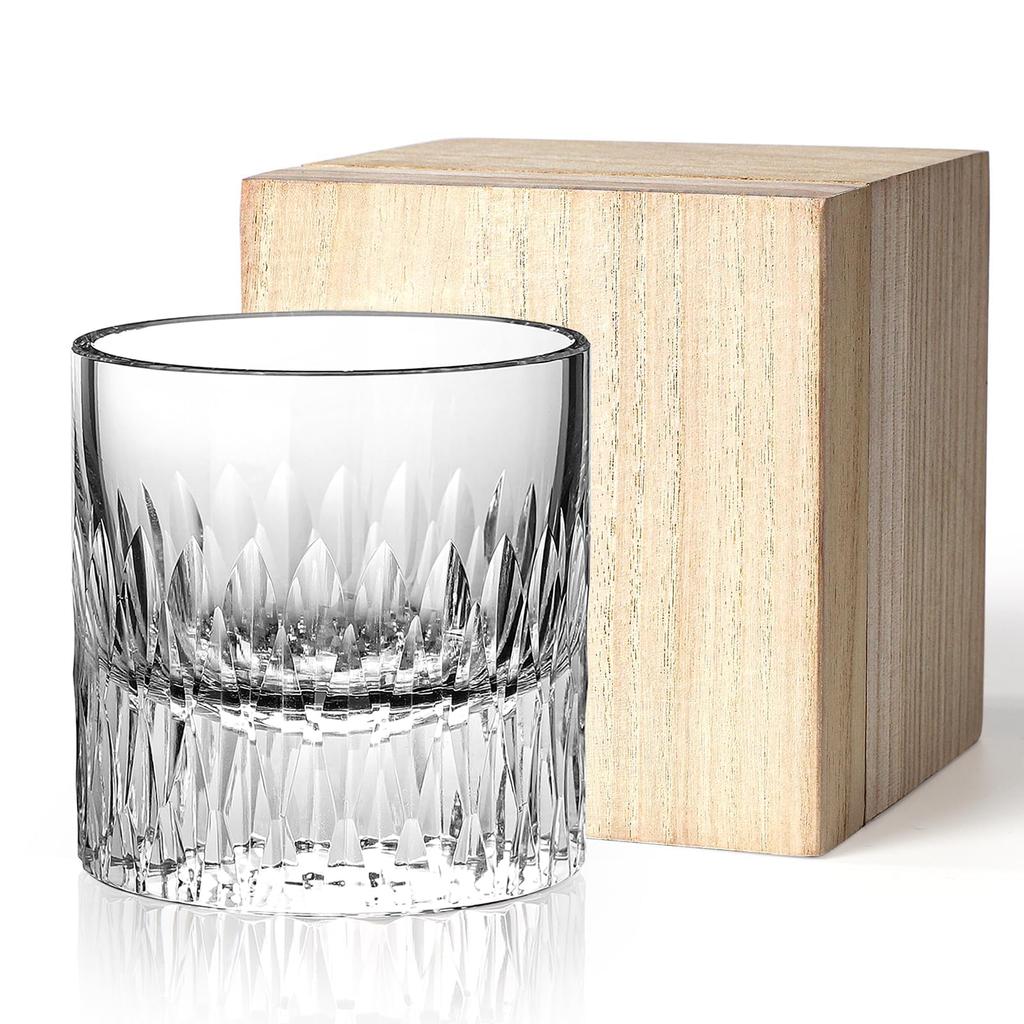 Crystal Rock Glass, Whiskey Glass, Hand-Engraved, 260ml, Thick Base Design, Wooden Box, Gift Set