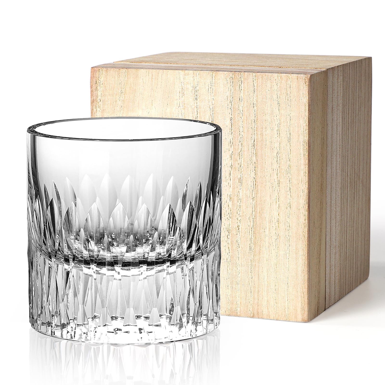 Crystal Rock Glass, Whiskey Glass, Hand-Engraved, 260ml, Thick Base Design, Wooden Box, Gift Set