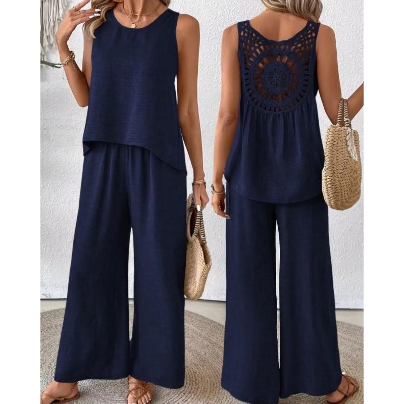 Casual Fashion Temperament New Solid Color Back Hollow Flower Suit