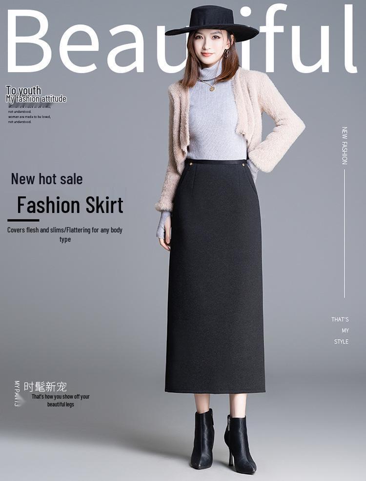 Women's High-Waisted Tweed Midi Skirt - Winter 2025 Slim Fit with Back Slit