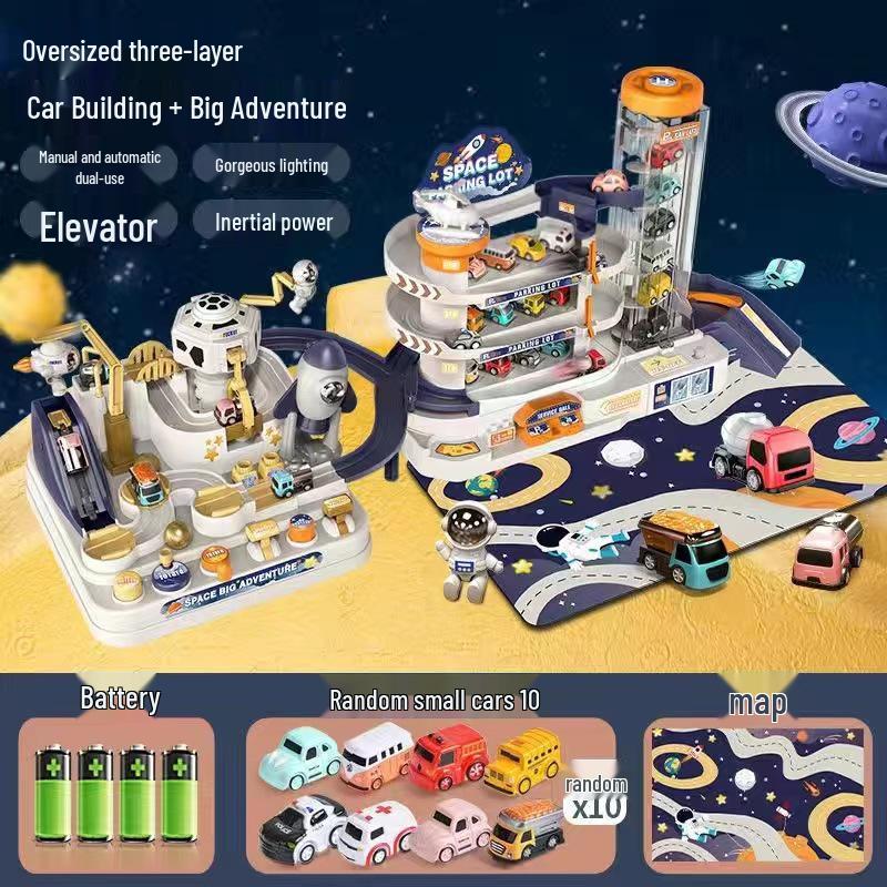 Kids' Space Adventure Parking Lot Toy with 9-Track Car Race for Ages 1-6