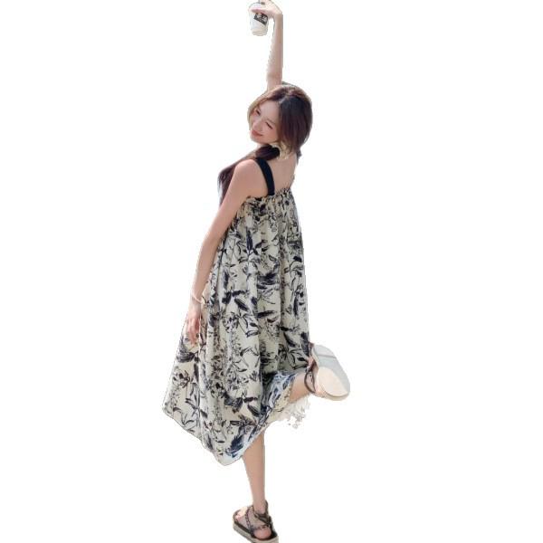 French Retro Ink Painting Slip Dress - Women's Summer 2025 High-End Beach Vacation Long Dress