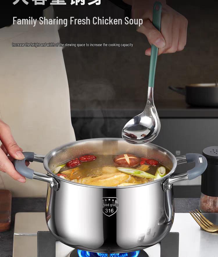 316 Stainless Steel Rivetless Stew Pot with Two-Layer Silicone, Large Capacity for Steaming and Simmering.