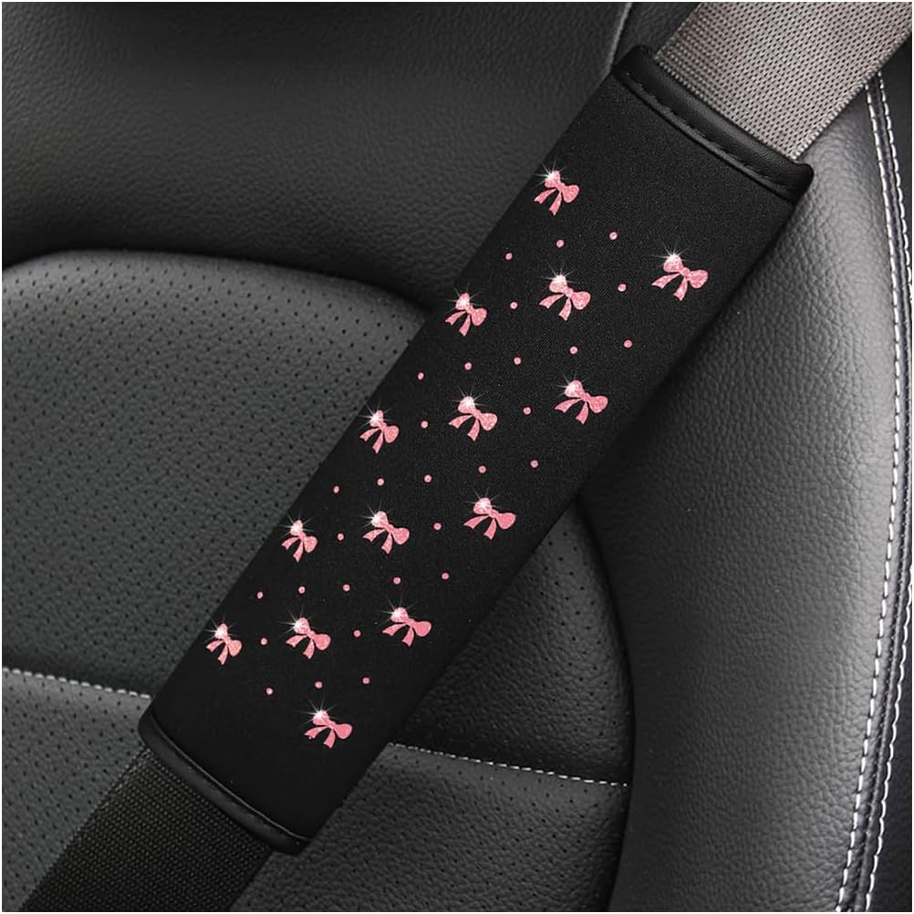 Bling Car Seat Belt Cover, 2PCS Rhinestone Cute Bow Comfort Vehicle Seatbelt Shoulder Pad, Diamond Automotive Interior Harness Neck Cushion Protector