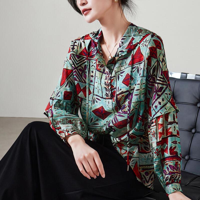 SOFSIL Women s Retro Geometric Print Mulberry Silk Shirt L