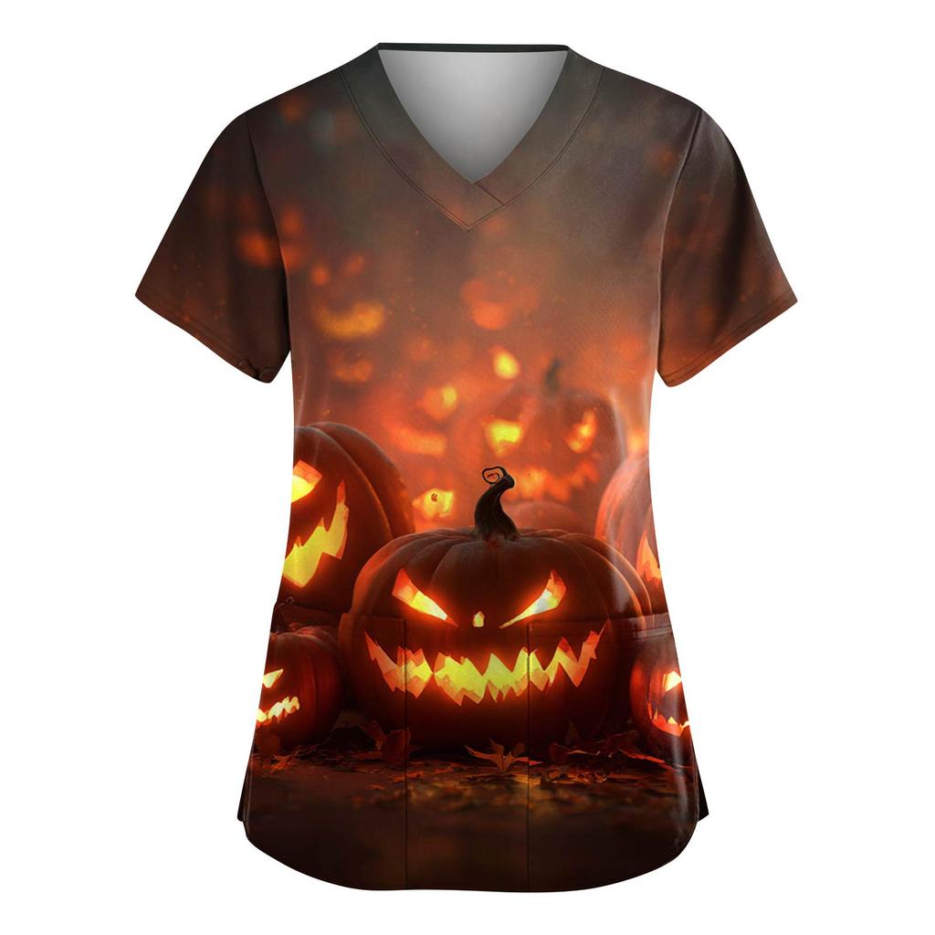 Women's Fashion V-Neck Short Sleeve Overalls With Pockets Halloween Printed Tops  Apparel