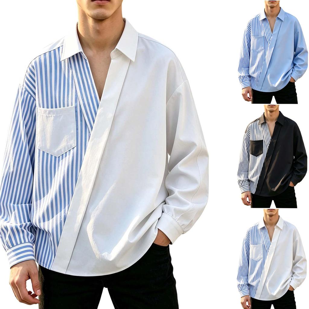 Men's Plus Size Loose Fit Striped Patchwork Asymmetric Casual Shirt for Spring and Fall
