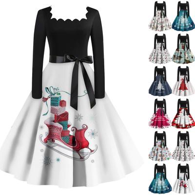 Women's Fashion Vintage Long Sleeve Square Neck Christmas Printed Evening Party Dresses Dresses