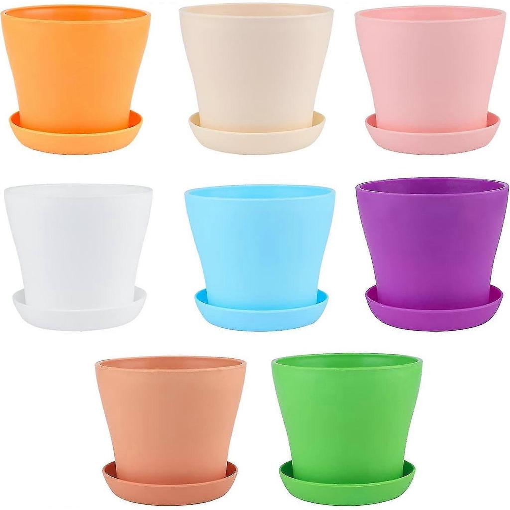 8 Pcs 10cm Small Colorful Plant Pots Plastic Flower Pots Indoor Plants Pots For Office Home With Pallet/trays, 8 Colors