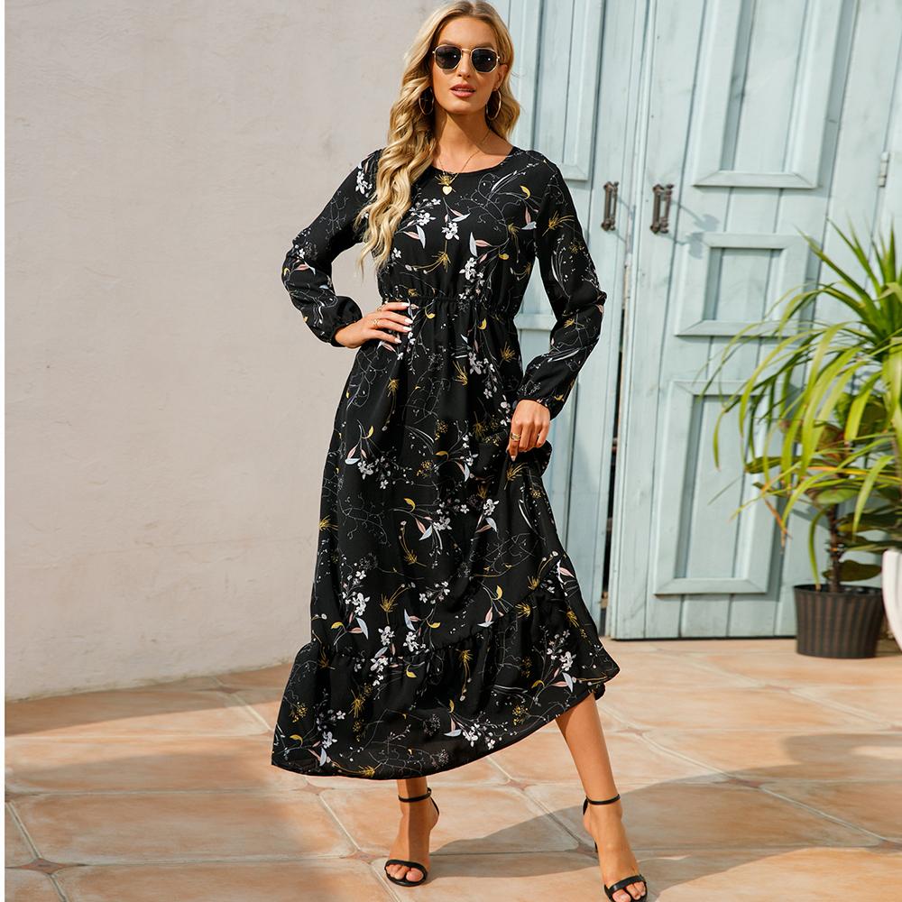 Women's Maxi Dresses Sping Autumn Bohemian Casual Full Sleeve High Waist Beach Woman Chiffon Dresses Floral Vestidoes Long Dress