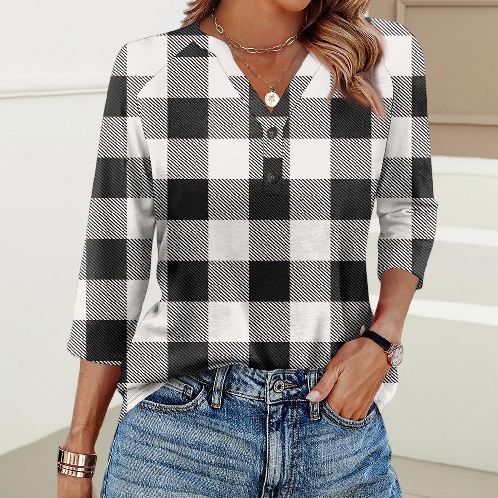 Damenmode Lässig Bedrucktes V-Ausschnitt Knopf Dreiviertelarm T-Shirt Raglanärmel Top