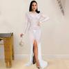 European & American Fashion Women's See-through Mesh Long Sleeve Slit Dress with Hot Drilling Details.