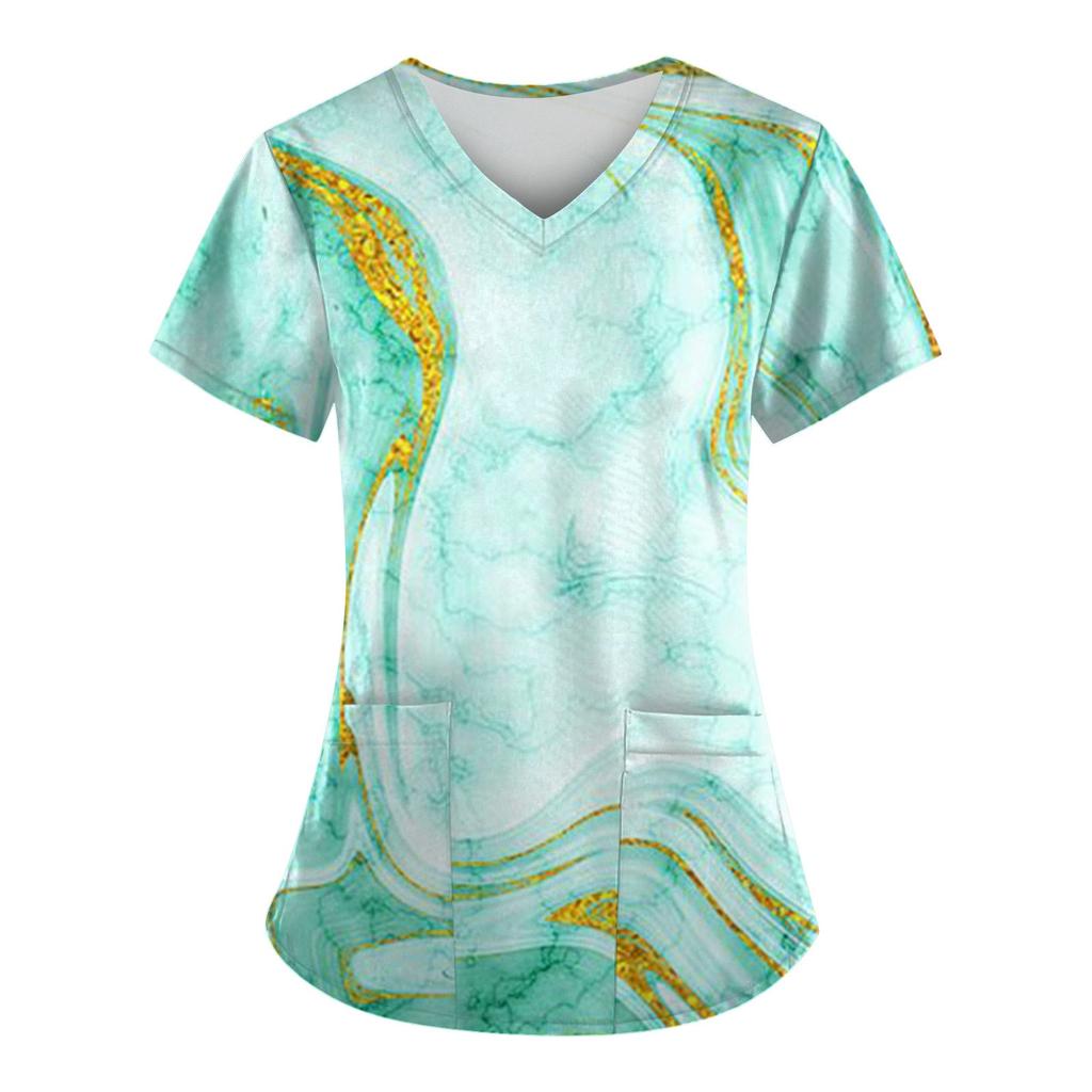 Dámská módní pracovní uniforma s potištěným tričkem a krátkým rukávem